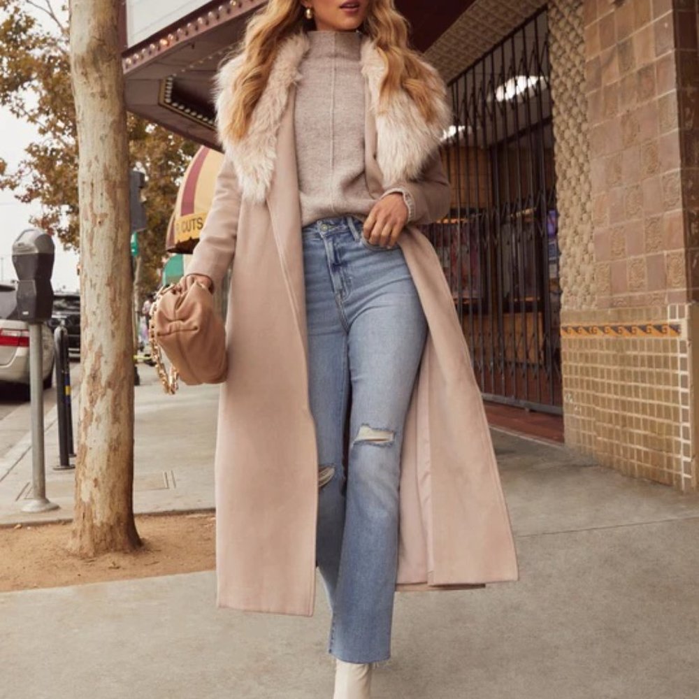 Pocketed Faux Fur Collar Coat